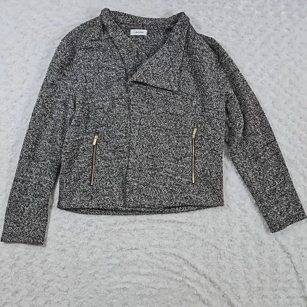 Calvin Klein Fly Away Jacket Open Front Moto Knit Gold Zippers Womens Size Large